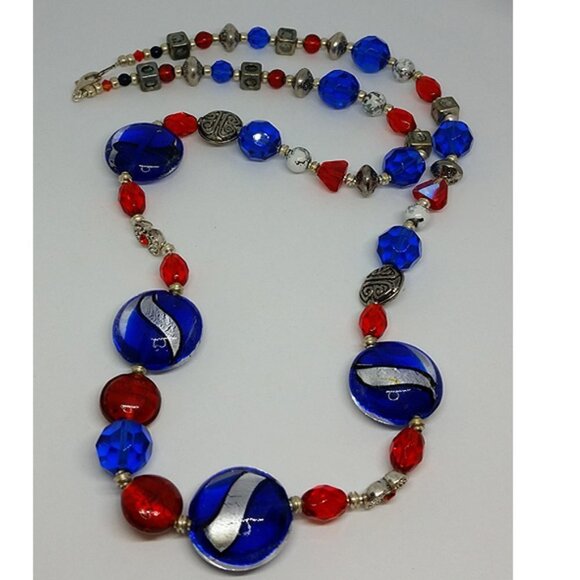 VINTAGE Blue Foil Art Glass Long Statement Necklace Sterling Clasp - Picture 2 of 3